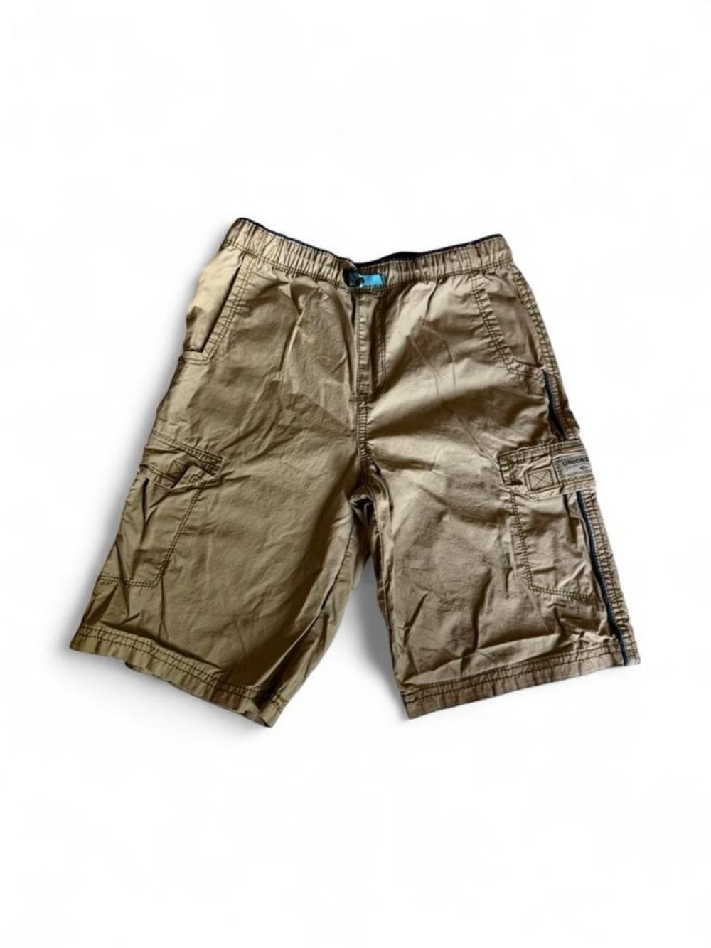 Unionbay Boys Khaki Cargo Shorts Size 7 Elastic Waist Blue Trim